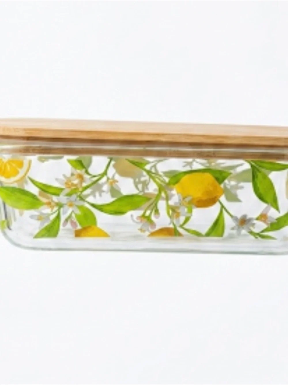 Glass food container with lemon pattern & bamboo lid, 9” x 6.5